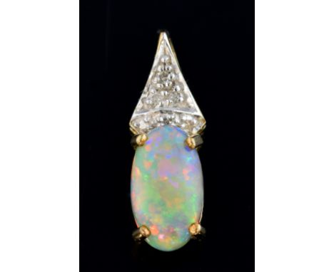 Lightening ridge black opal pendant, the bale set with small diamonds, opal approximately 1.00 carat, in 9 ct gold,  with  Ro