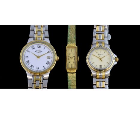 Ladies Gucci steel and gold watch, gentleman's rotary watch and a ladies gold plated rotary watch .   