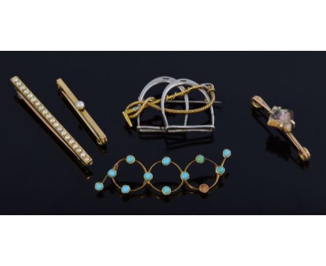   Group of antique brooches two colour riding crop and stirrups brooch, three bar brooches set with bolder opal or pearl and 