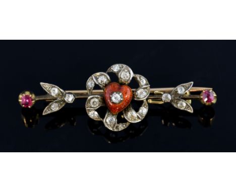  Victorian diamond and enamel heart brooch, set with old cut diamonds, and small rubies, in unmarked gold and silver, 4.4 cm 