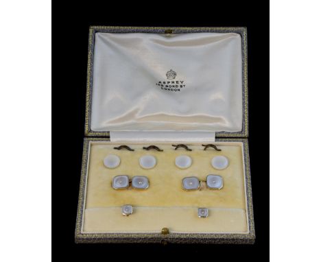 Asprey cufflink and shirt stud set, mother of pearl and seed pearls set in platinum and 18 ct gold, cased  .   Overall in goo