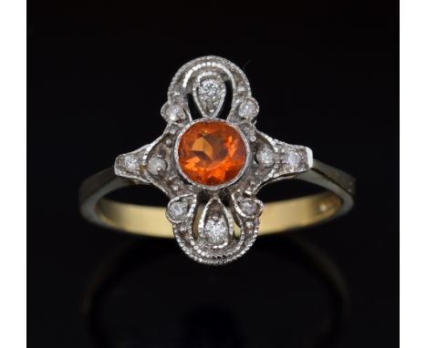 Fire opal and diamond set plaque ring, set in white and yellow gold, 9ct, ring size O 1/2 .   Gross weight 2.9 grams