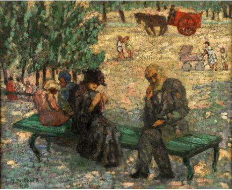 Michel Portnoff (1885-1978) Figures on a park bench, oil on canvas, signed and dated, 49cm x 60cm.  .  