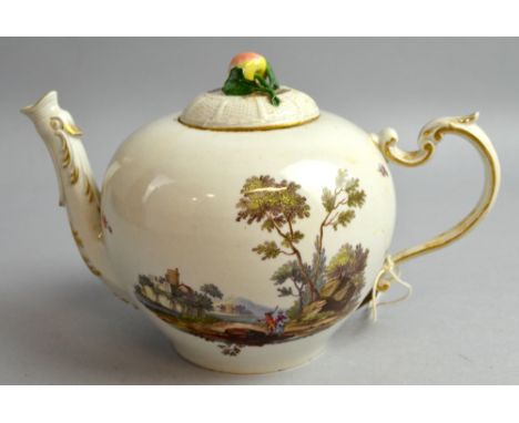 19th century Bock-Wallendorf globular tea pot and cover decorated with rural vignettes 10cm.  Damage an losses to finial, and