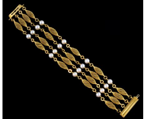  Vintage gold and pearl bracelet, four strands of wirework ovals and cultured pearls to a box clasp, 18 ct  .    Good conditi