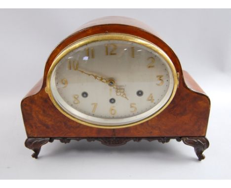 Early 20th century large walnut mantel clock with silvered dial, 30cm high.   