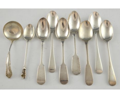 Three Victorian silver fiddle pattern teaspoons, by William Pope, Exeter, 1846, four other teaspoons, sauce ladle and an apos