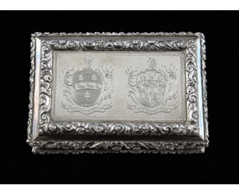 William IV silver snuff box engraved with two coats of arms with motos, and moulded scrolling decoration, gilt interior, by N