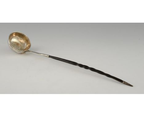 George III silver punch ladle inset with coin, whale bone handle, 32cm long, .   