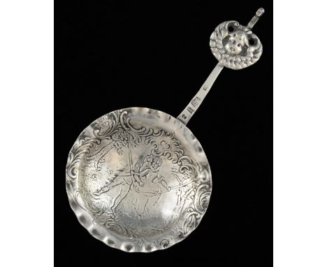 German silver caddy spoon, the bowl chased with figures and with winged cherub finial, possibly by Simon Rosenau, 20th centur