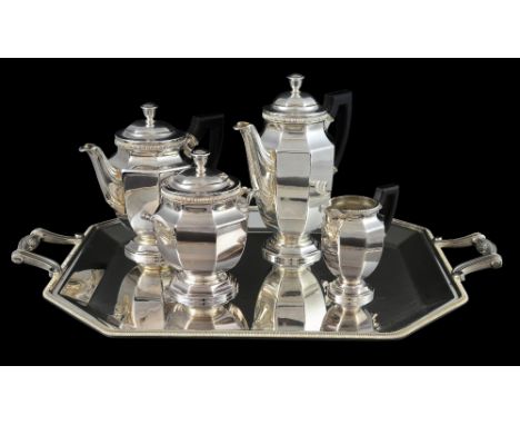 Christofle silver plated five piece tea service, comprising tray, coffee pot, teapot, cream jug and sugar bowl,.   Light wear