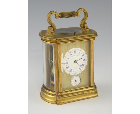 19th century brass and glass repeating carriage clock with alarm  R Bryson & Sons, Paris,  enamelled dial with subsidiary ala