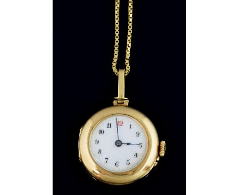 Gold fob watch with a white enamel dial and Arbic numerals, 14ct gold case on a 18ct gold long box chain .   
