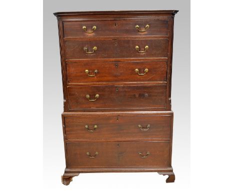 19th century mahogany chest on chest of six long graduated drawers on ogee bracket base, 152cm x 99cm x 54cm,.   