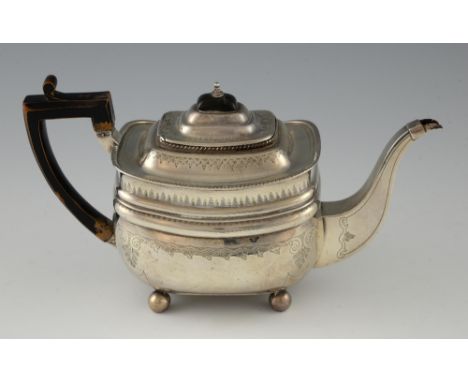 George III silver teapot with engraved decoration, and gadrooned border, on four ball feet, maker's mark rubbed, London, 1793