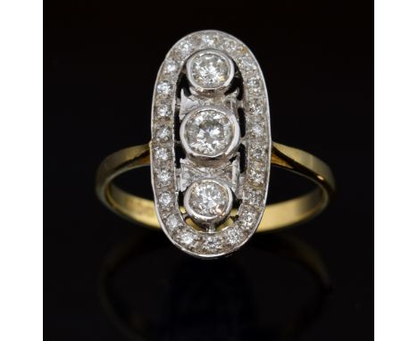 Art Deco style, diamond set plaque ring, the centre with three diamonds, largest estimated at 0.25 carats within a diamond se