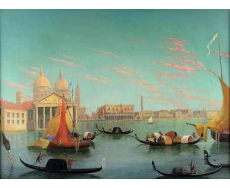 19th century, view of the Doge's Palace and Santa Maria della Salute, Venice, oil on canvas, gilt frame, 75x100cm.  Small pat