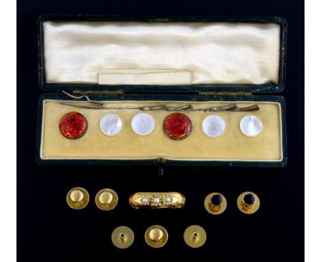 Group of gold and yellow metal  buttons, and a scarf ring, tested as 18 ct .   18 ct gross weight 12.8 grams