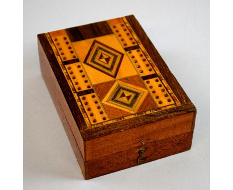 19th century Tunbridge ware cribbage board with counters and two dice, 5cm x 15cm Provenance: part of single owner collection