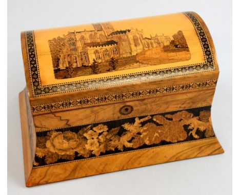 19th century Tunbridge ware dome topped  tea caddy, the cover with a church, 17cm x 25cm  Provenance: part of single owner co
