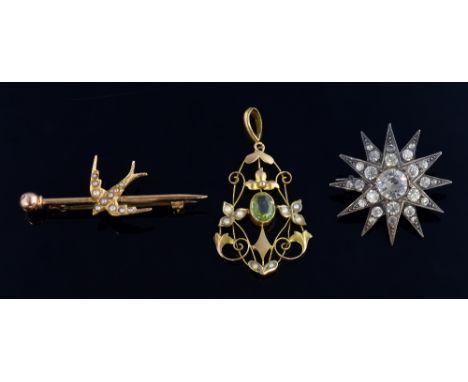  Edwardian seed pearl swallow bar brooch, a peridot and pearl set pendant, 4 cm,  both 9 ct, and a Victorian paste set star b