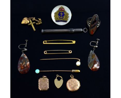 Mixed group of items including a gold  opal bead stick pin, another with pearl, tie pins, heart clasp, locket and some silver