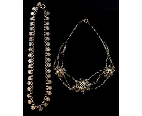 Victorian silver Indian influence 'coin'  necklace and a 19th C French necklace with laurel leaves and three blue enamel plaq