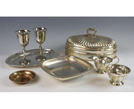 Silver plated wares to include a meat dish cover, desk stand, tea service, flatware and other items,.   
