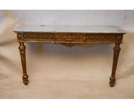 A 19th century Continental giltwood console table, the rectangular marble top with a moulded edge over a carved and pierced f