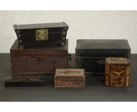 A collection of 19th and early 20th century boxes, including a hand painted bird and ribbon tea caddy, a Chinese style chest 