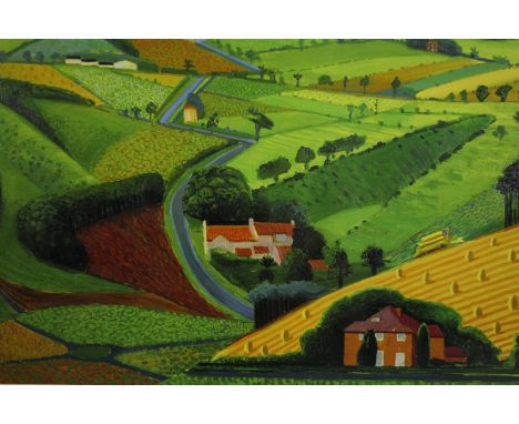 After David Hockney, vintage colour print, 'The Roads across the Worlds'.   H.28 W.35cm. 