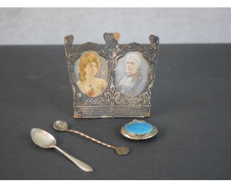 A pale blue cloisonne enamel and silver rogue pot, along with two silver tea spoons and a theatrical commemorative silver fra