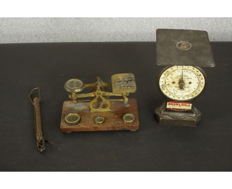 Bush &amp; Hall vintage Salter letter scales, along with a set of oak and brass postage scales and a brass luggage scale.  H.