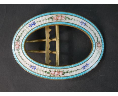 A large gilt brass Edwardian guilloche enamel belt buckle with  rose and forget me knot design on a white ground with pale bl