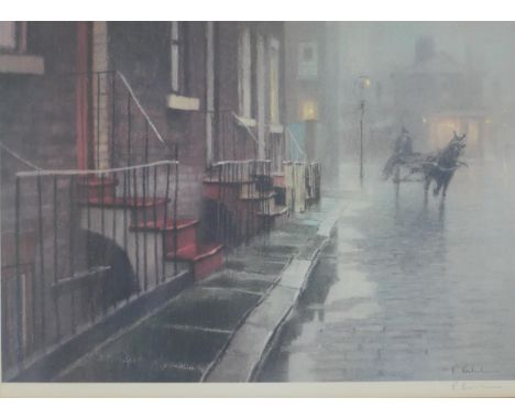 Robert Richardson (b.1938), signed limited edition print of a Victorian street scene in the rain with horse drawn carriage, s