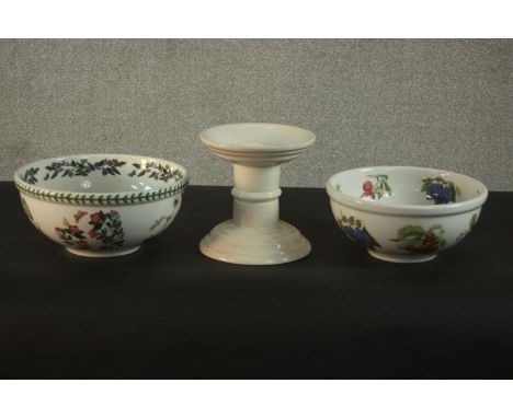 Two Pomana Portmerion Fruit pattern bowls and a Mason's cream glaze candle stick. H.20 Dia.19cm. (largest) 