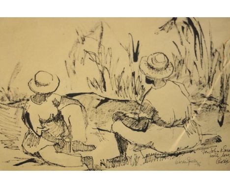 Goldie Spieler, pen and ink sketch of two seated figures, signed, dated and inscribed. H.50 W.40cm. (largest) 