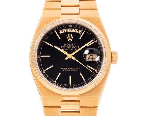 ROLEX Vintage Oysterquartz "Day-Date" Herrenuhr, Ref. 19018. Full Set 1983. Gelbgold 18K. Quartz-Werk mit neuer Batterie und 