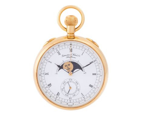 IWC Schaffhausen sehr seltene offene Taschenuhr mit Kalender und Mondphase, Ref. 5510. Full Set 1984. Gelbgold 18K, limitiert