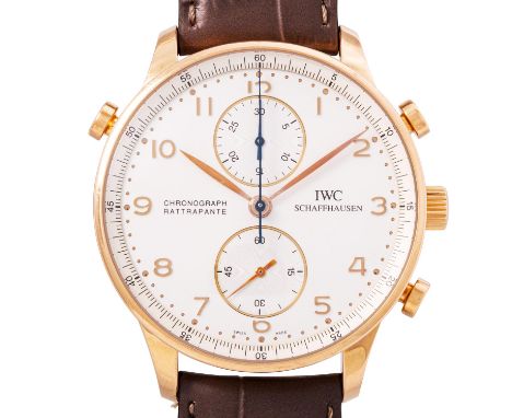 IWC Schaffhausen Portugieser "Chrono-Rattrapante" Herrenuhr, Ref. IW371211. Full Set aus 2000. Gelbgold 18K. Handaufzugs-Uhrw