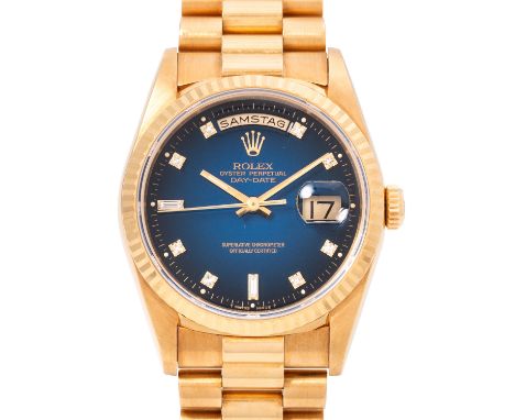 ROLEX Vintage Day-Date 36 "Vignette Diamond" Armbanduhr, Ref. 18238. Gelbgold 18K. Automatik-Werk Kal. 3155, gute Gangwerte, 