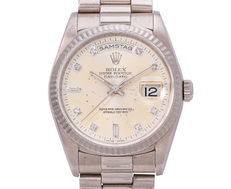 ROLEX Neo-Vintage Day Date "Lemon Diamond" Armbanduhr, Ref 18239. LC100 aus 1994. 18K Weißgold. Automatik-Werk Kal. 3155, vol