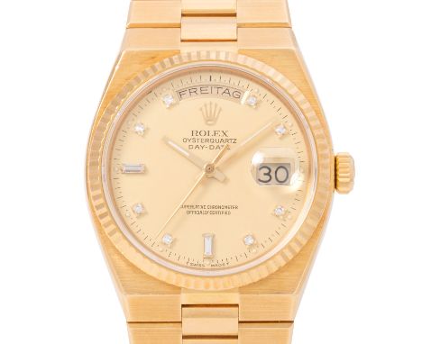 ROLEX Vintage Oysterquartz Day-Date "Diamond" Herrenuhr, Ref. 19048. Gelbgold 18K. Quartz-Werk Datumsschnellverstellung (sing