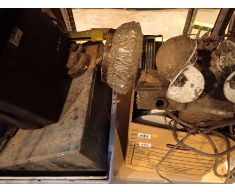 Box of electricals including rolls of cable lamps cine camera etc