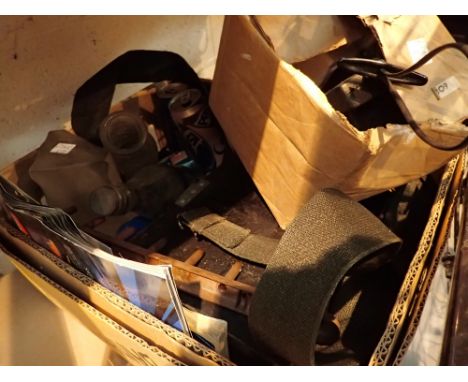 Box of mixed items including Carlsberg counter top font light WB gaurt Northwich milk bottle Greenalls beer bottle Polaroid c