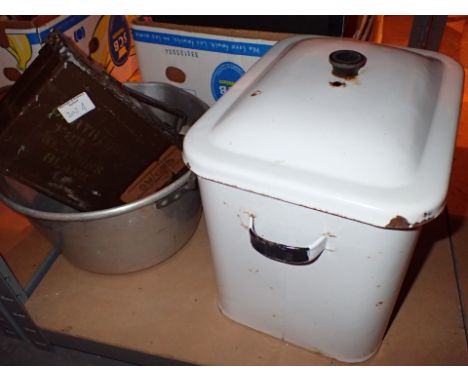 Aluminium jam pan and an ammunition box and an enamel bread box