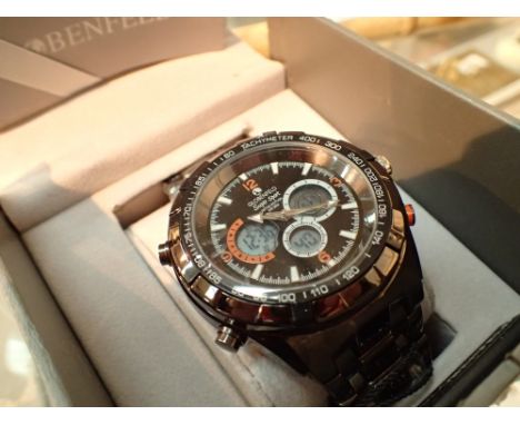 Globenfeld new old stock wristwatch with black face and ceramic strap with paperwork and box 