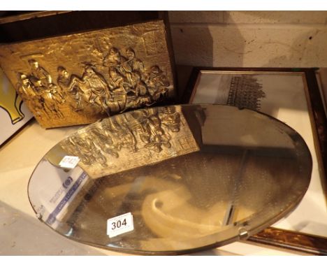 Oval bevel edged mirror brass magazine rack and a military photo and print 