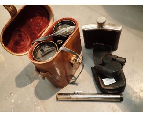 Unusual hinged field monocular and miniature telescope metal flask and vintage leather cased binoculars 