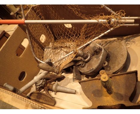 Vintage garden spray other tools and a landing net 